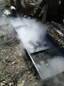 As the syrup cooks it gets moved down this bin.  The most cooked syrup is at the top.