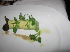 Raw scallop wrapped in avocado with hoisin